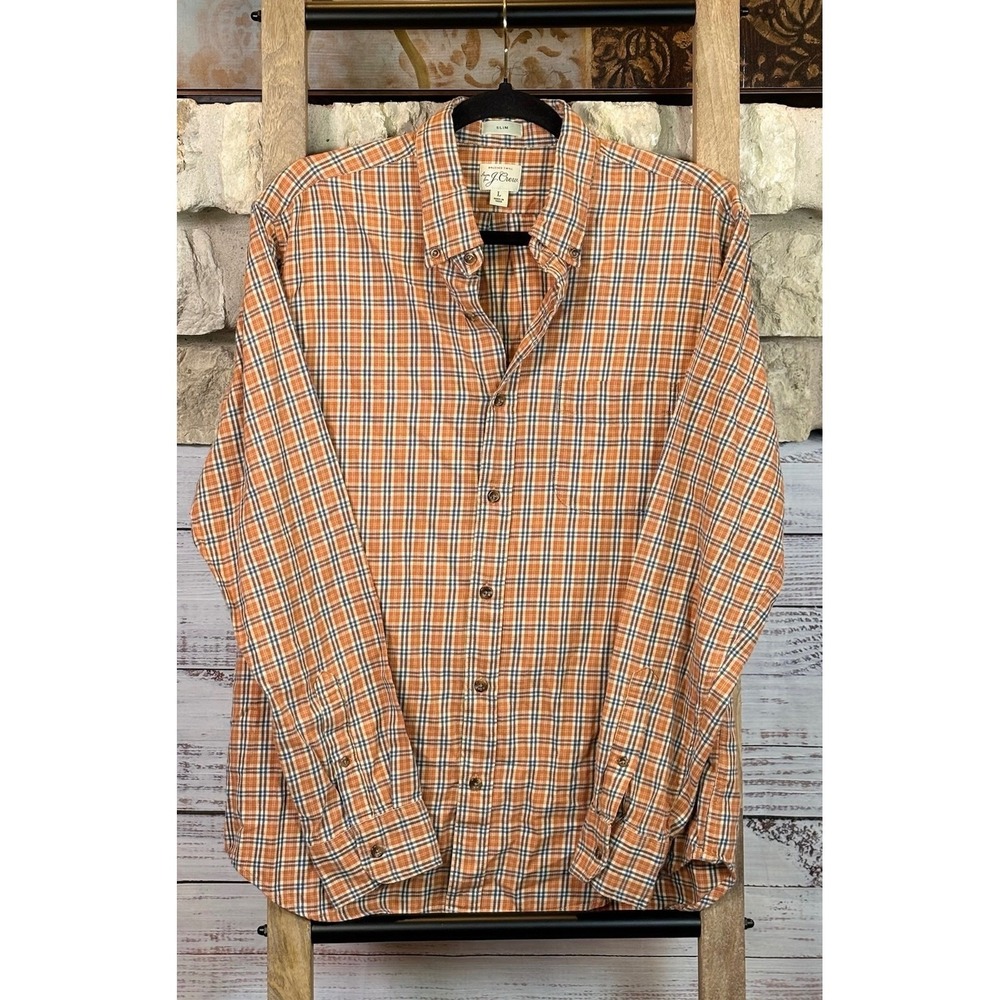 J.Crew Mens Slim Fit Brushed Twill Plaid‎ Button Down Shirt Orange Blue Large